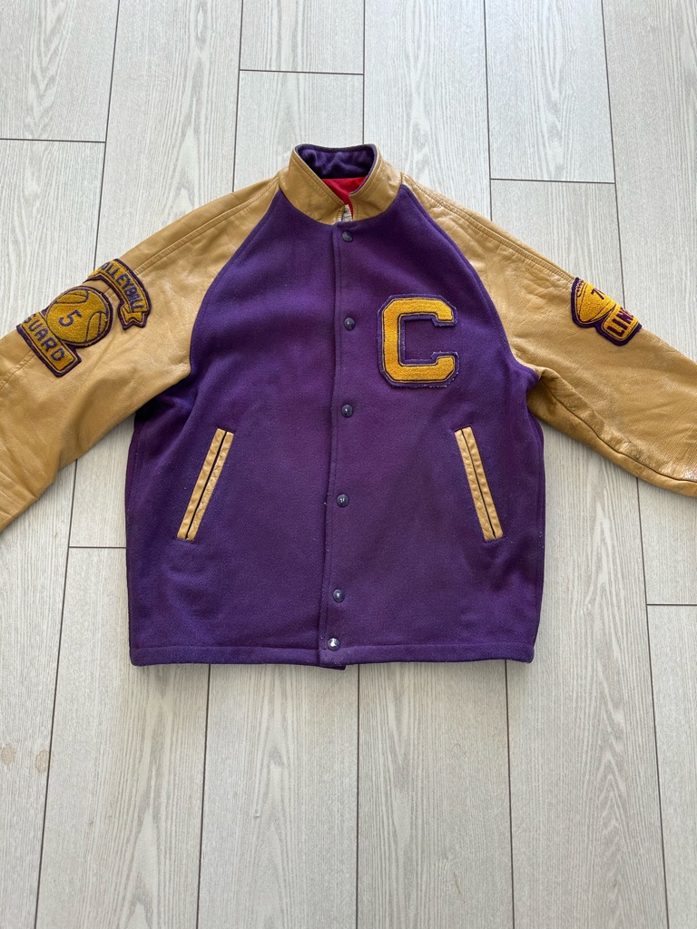 Vintage 80s Martins Athletic Wear Purple & Tan Letterman Jacket With 'C' Patch